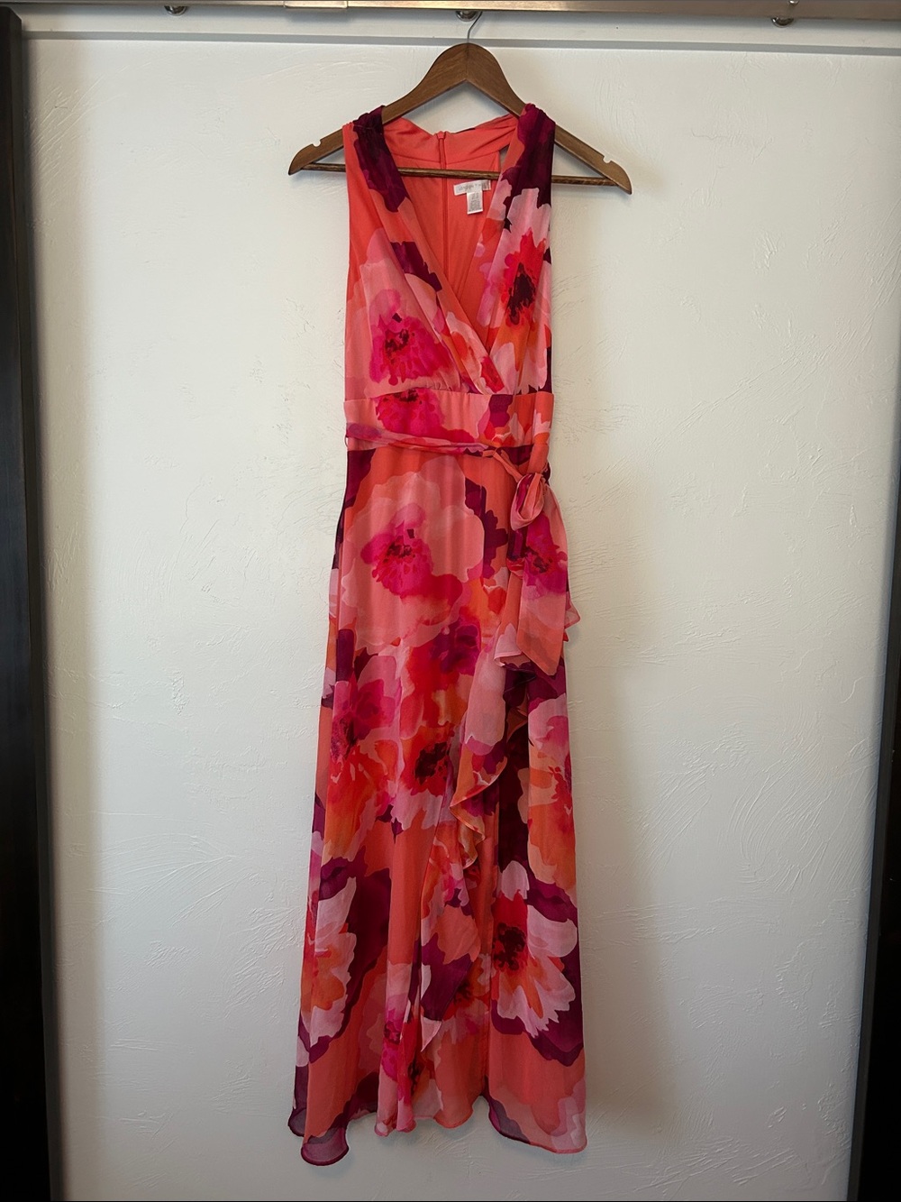 London Times Coral Pink Orange Floral Wrap Maxi Dress